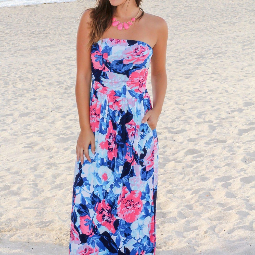 Blue and Hot Pink Floral Strapless Maxi Dress